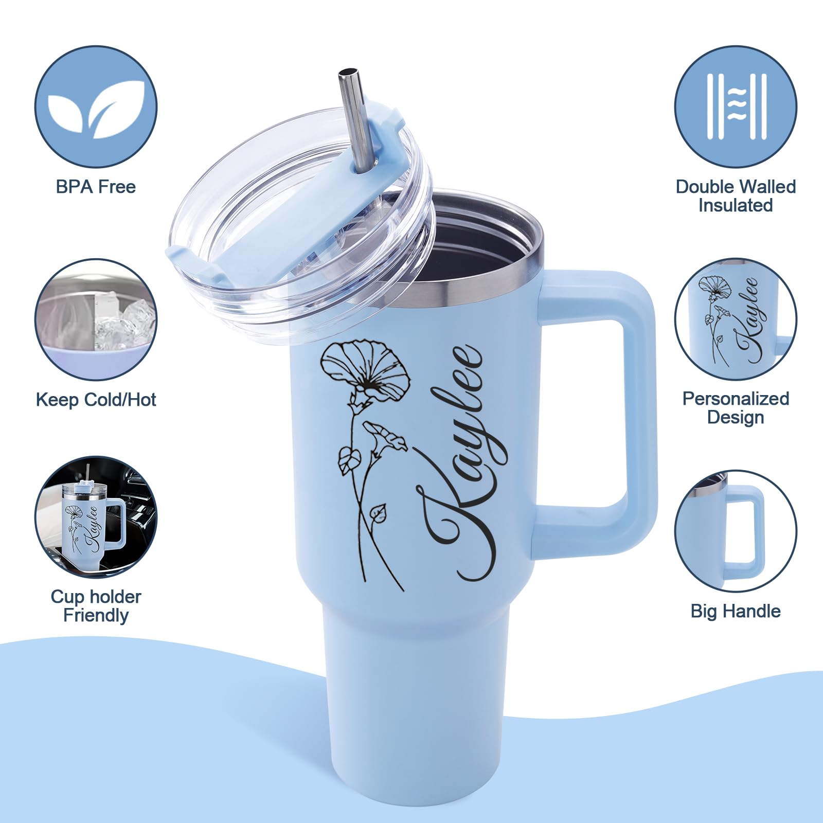 Ships Next Day, Personalized 40 Oz Tumbler with Handle and Straw