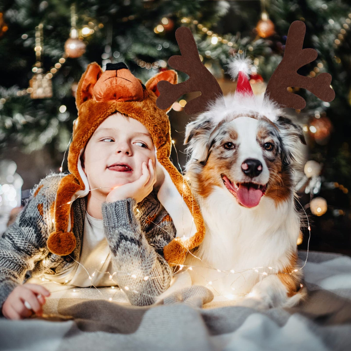 Dog Elk Reindeer Antler Headband with Santa Hat