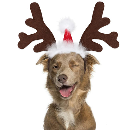 Dog Elk Reindeer Antler Headband with Santa Hat