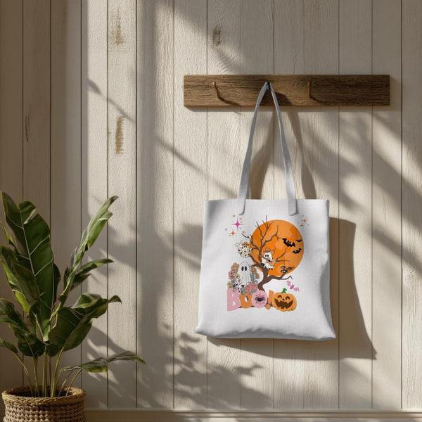 Spooky Halloween Cotton Canvas Tote Bag, Cute Ghost & Pumpkin Design, Reusable Shopping Bag, Fall Festival Accessory, Eco-Friendly Gift