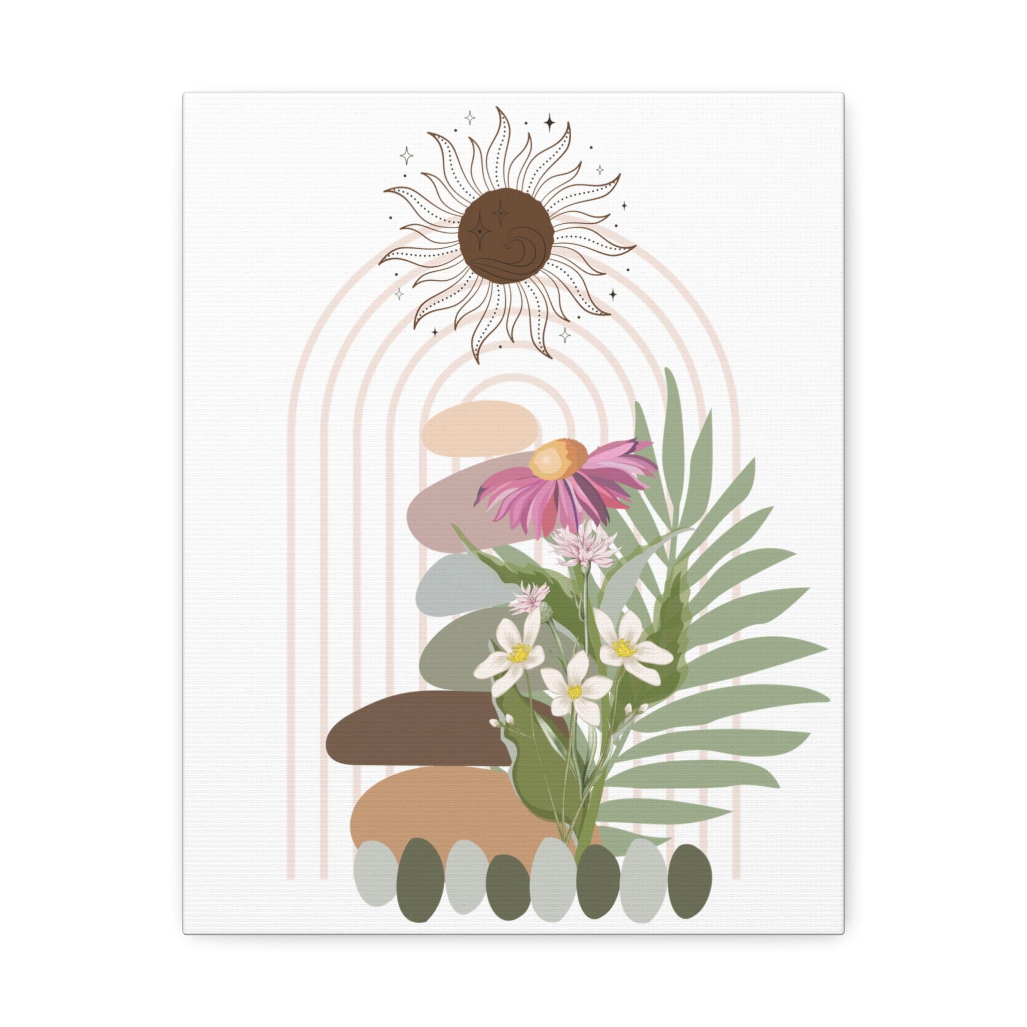 Boho Floral Stretched Canvas Art, Nature-Themed Wall Decor, Sun and Stones Design, Perfect for Home or Office, Gift for Plant Lovers,