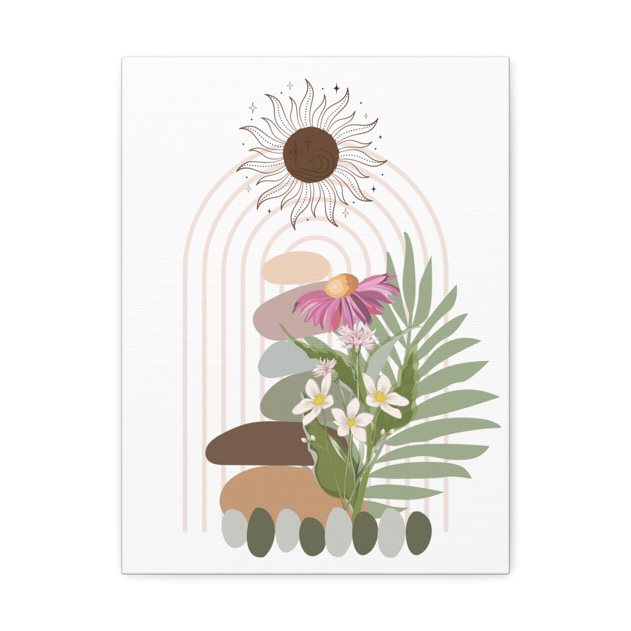 Boho Floral Stretched Canvas Art, Nature-Themed Wall Decor, Sun and Stones Design, Perfect for Home or Office, Gift for Plant Lovers,