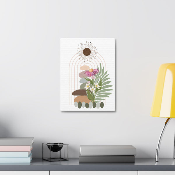 Boho Floral Stretched Canvas Art, Nature-Themed Wall Decor, Sun and Stones Design, Perfect for Home or Office, Gift for Plant Lovers,