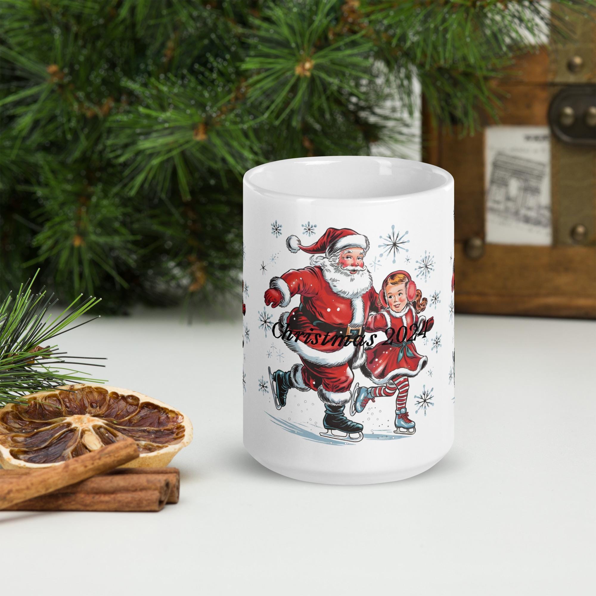 White glossy mug, Vintage Santa Claus Mug, Cute Santa Mug, Retro Christmas Mug, Christmas Mug Press, Perfect Gift Idea