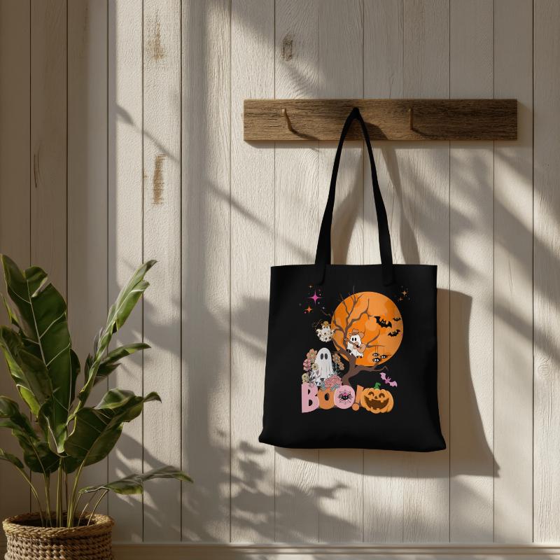 Spooky Halloween Cotton Canvas Tote Bag, Cute Ghost & Pumpkin Design, Reusable Shopping Bag, Fall Festival Accessory, Eco-Friendly Gift