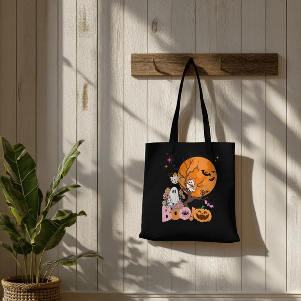 Spooky Halloween Cotton Canvas Tote Bag, Cute Ghost & Pumpkin Design, Reusable Shopping Bag, Fall Festival Accessory, Eco-Friendly Gift