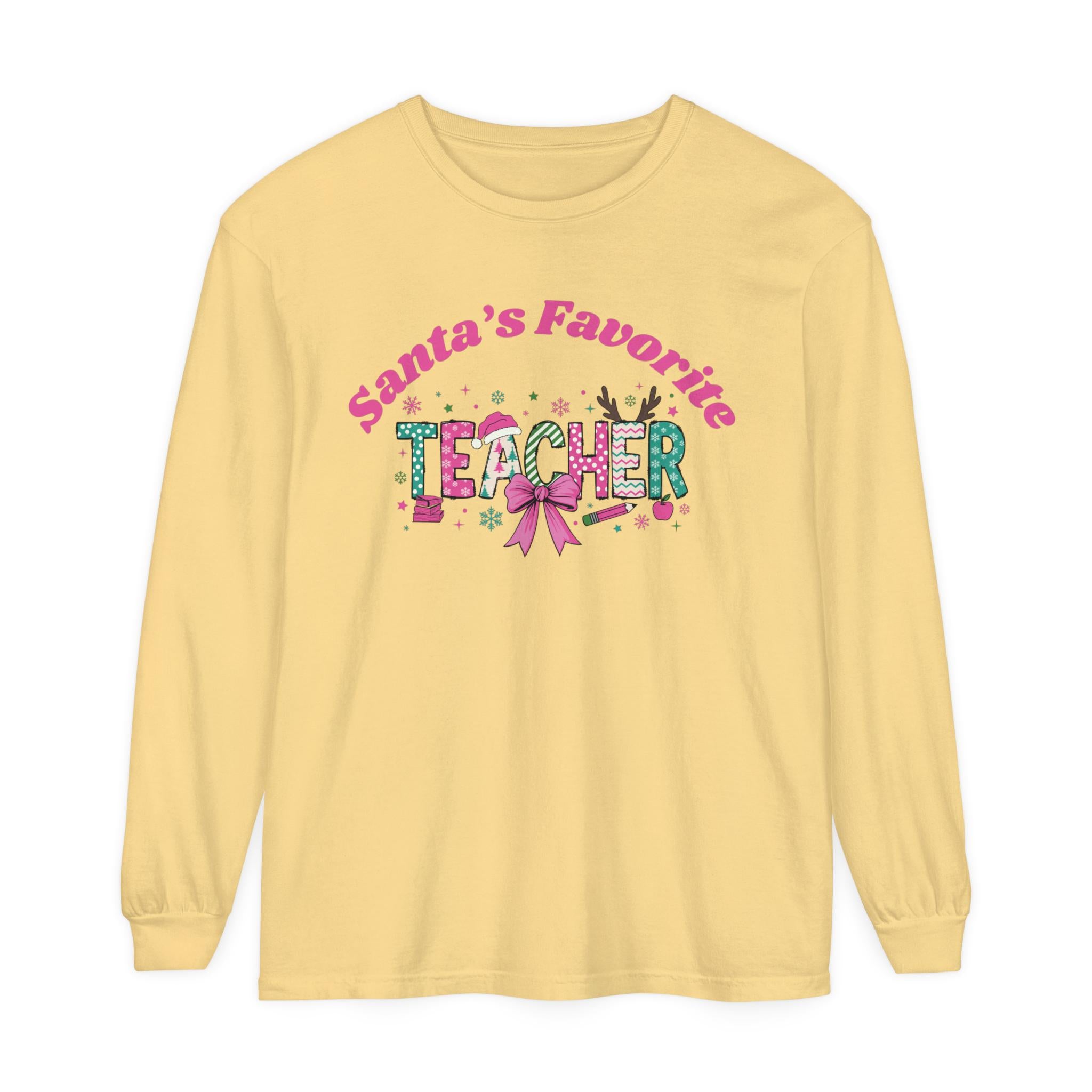 Santa&#39;s Favorite Teacher Long Sleeve T-Shirt, Christmas Gift, Unisex Holiday Apparel, Teacher Appreciation, Festive Fashion,Comfort Colors