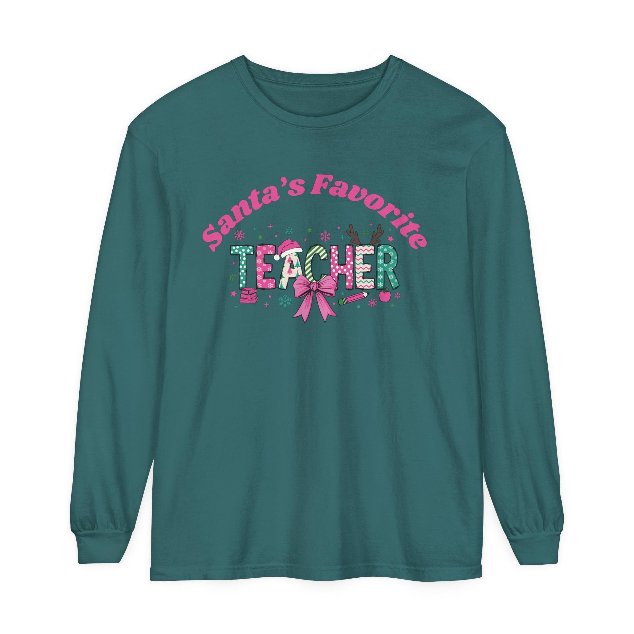 Santa&#39;s Favorite Teacher Long Sleeve T-Shirt, Christmas Gift, Unisex Holiday Apparel, Teacher Appreciation, Festive Fashion,Comfort Colors