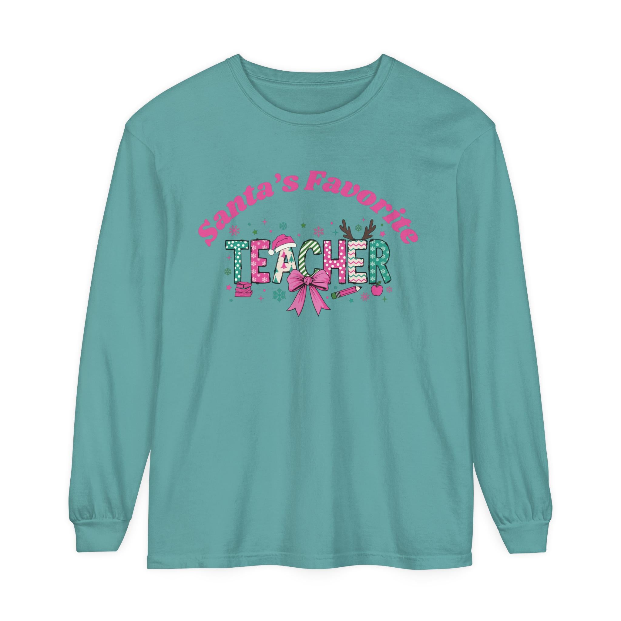 Santa&#39;s Favorite Teacher Long Sleeve T-Shirt, Christmas Gift, Unisex Holiday Apparel, Teacher Appreciation, Festive Fashion,Comfort Colors