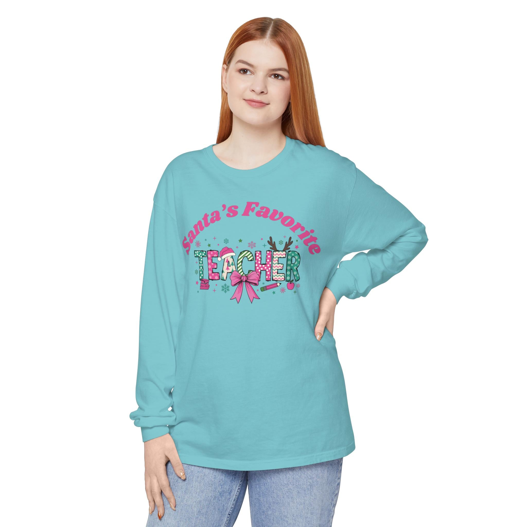 Santa&#39;s Favorite Teacher Long Sleeve T-Shirt, Christmas Gift, Unisex Holiday Apparel, Teacher Appreciation, Festive Fashion,Comfort Colors