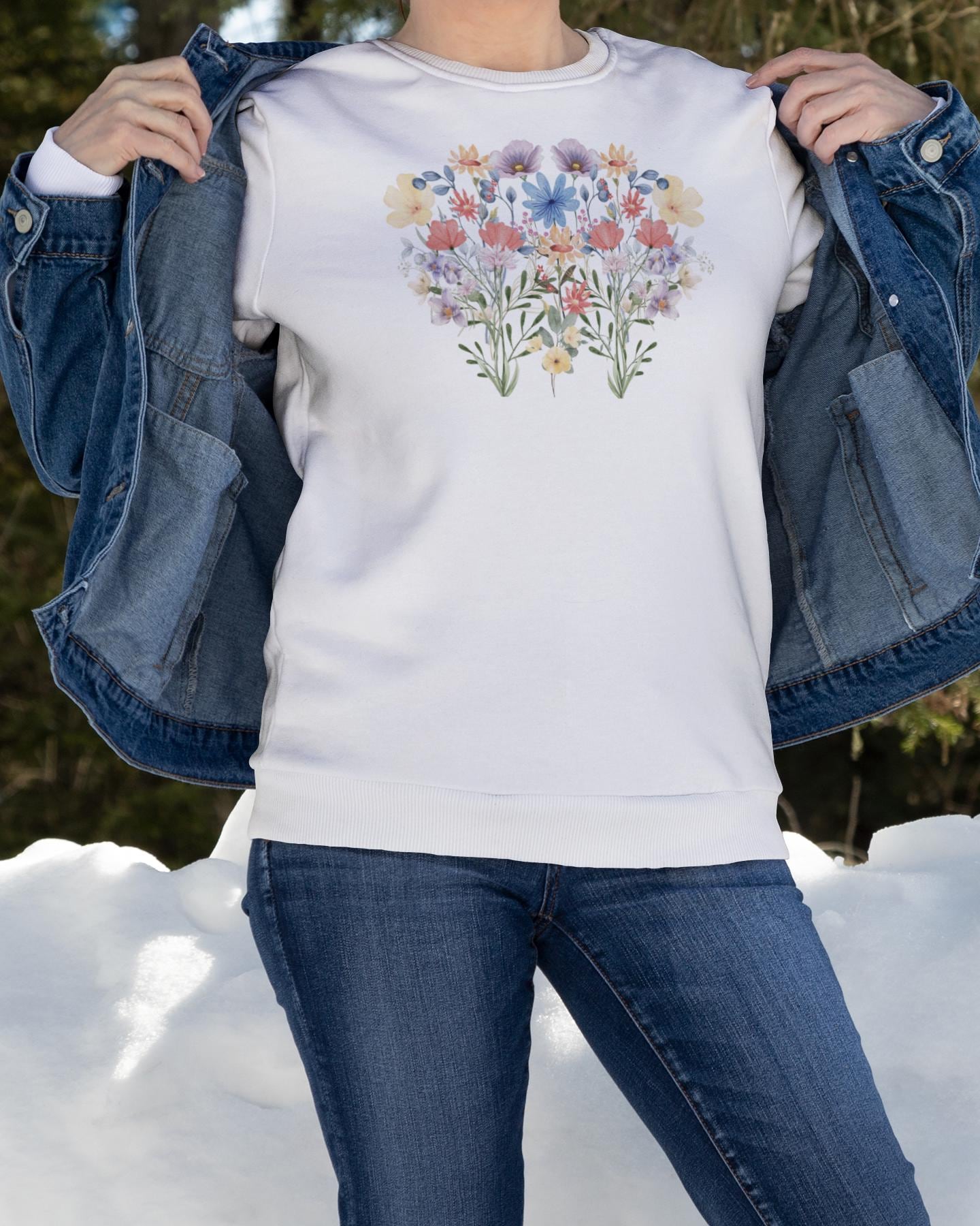 Floral Sweatshirt for Women - Cute Cottagecore Wildflower Crewneck - Unique Gift for Her - Fall Winter Clothing