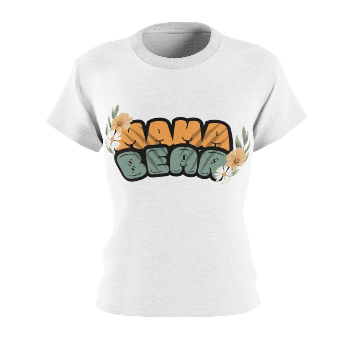 Women's Cut & Sew - Mama Bear with Daisy Print Tee (AOP) - Mama Bear Gift, Mom Gift, Christmas Mom Gift, Mom Gift Design, Gifts For Mama