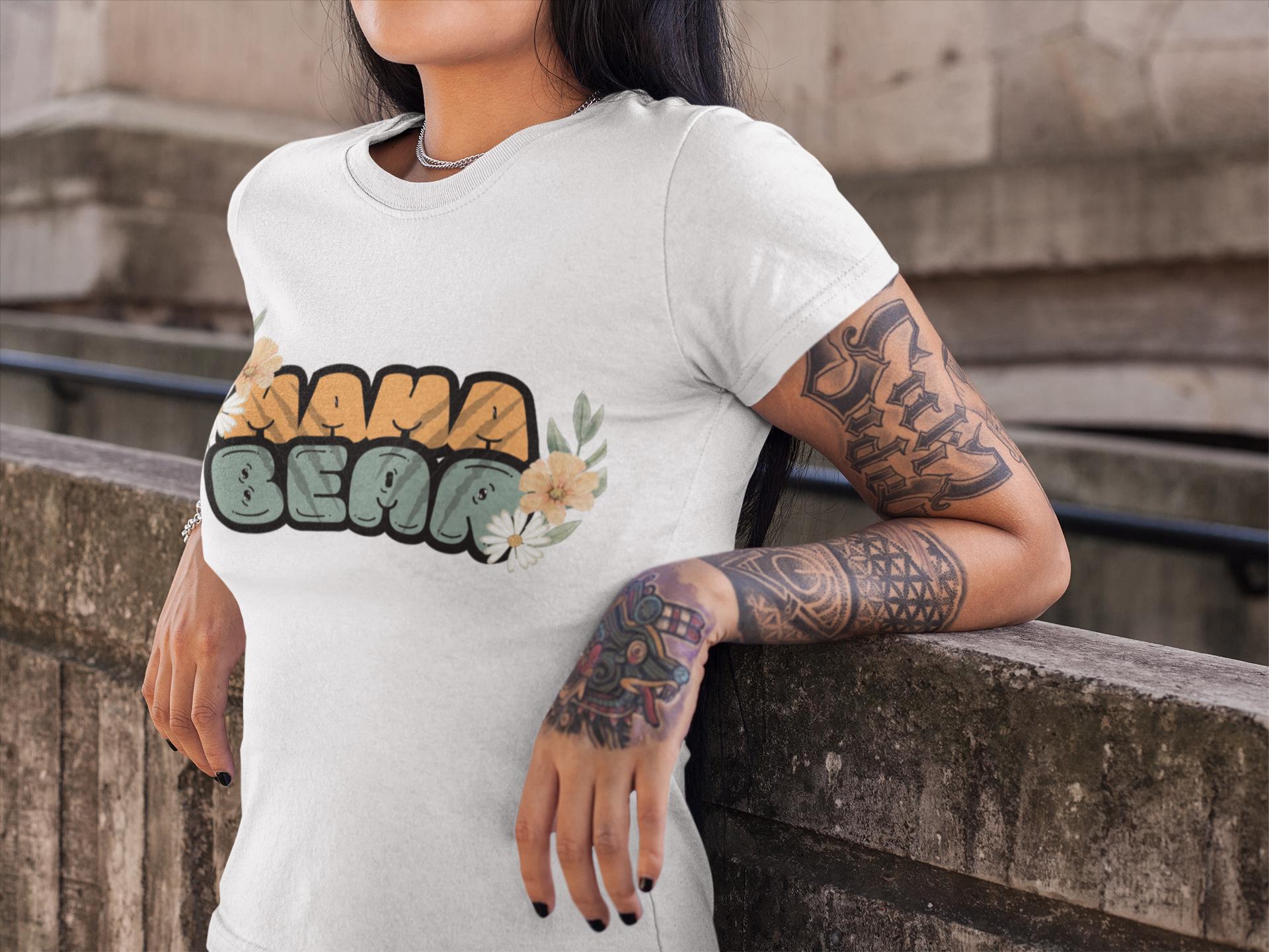 Women&#39;s Cut & Sew - Mama Bear with Daisy Print Tee (AOP) - Mama Bear Gift, Mom Gift, Christmas Mom Gift, Mom Gift Design, Gifts For Mama