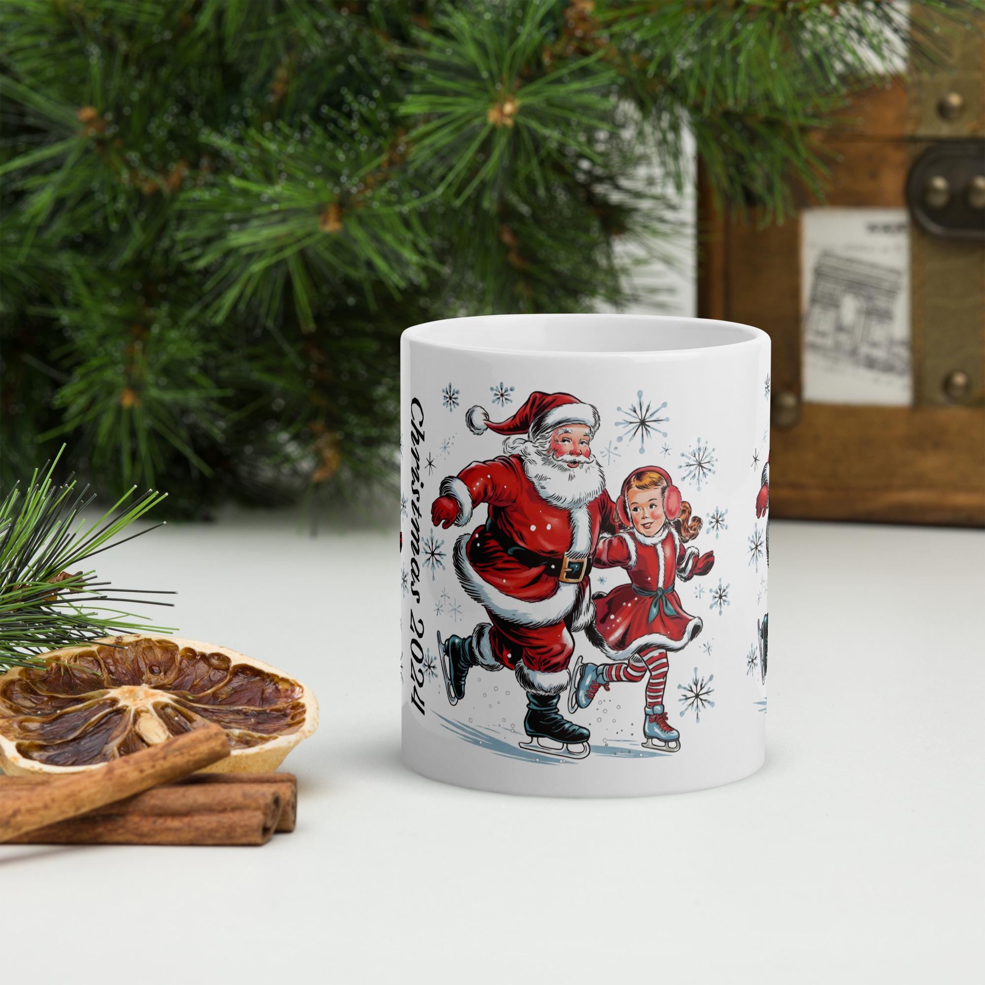 White glossy mug, Vintage Santa Claus Mug, Cute Santa Mug, Retro Christmas Mug, Christmas Mug Press, Perfect Gift Idea
