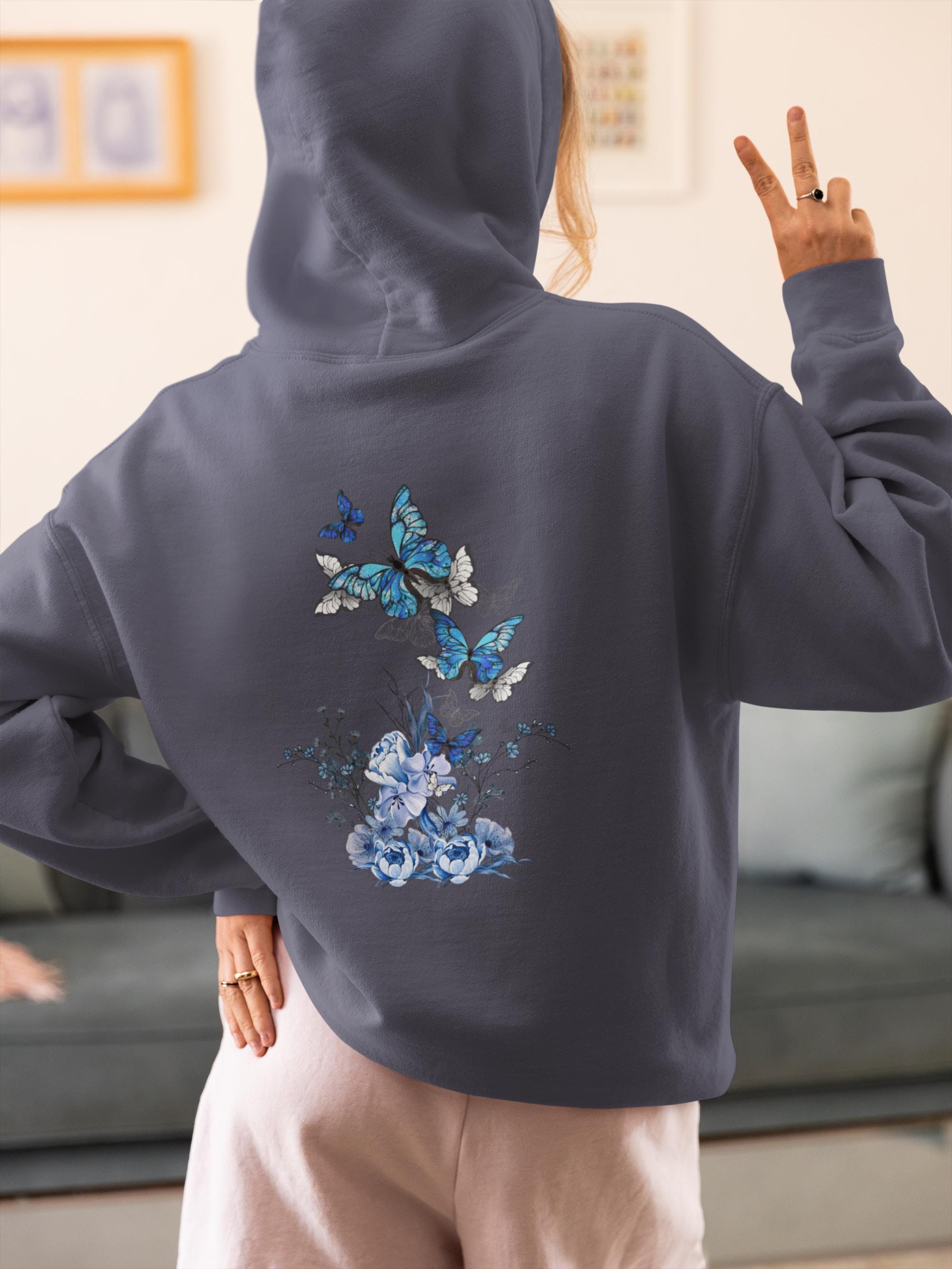 Navy Blue Butterfly Wildflower Hoodie - Aesthetic Flower Design - Cozy and Stylish - Perfect for Nature Lovers
