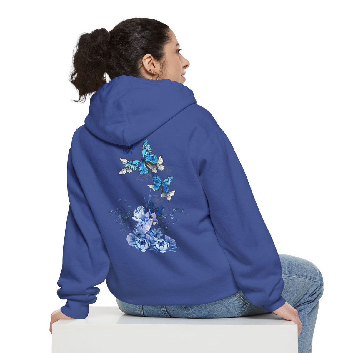 Navy Blue Butterfly Wildflower Hoodie - Aesthetic Flower Design - Cozy and Stylish - Perfect for Nature Lovers