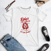 White women's crew neck T-shirt displayed flat with a red retro nurse illustration and the words “Relax, I'm a Nurse, I've Seen Smaller.”