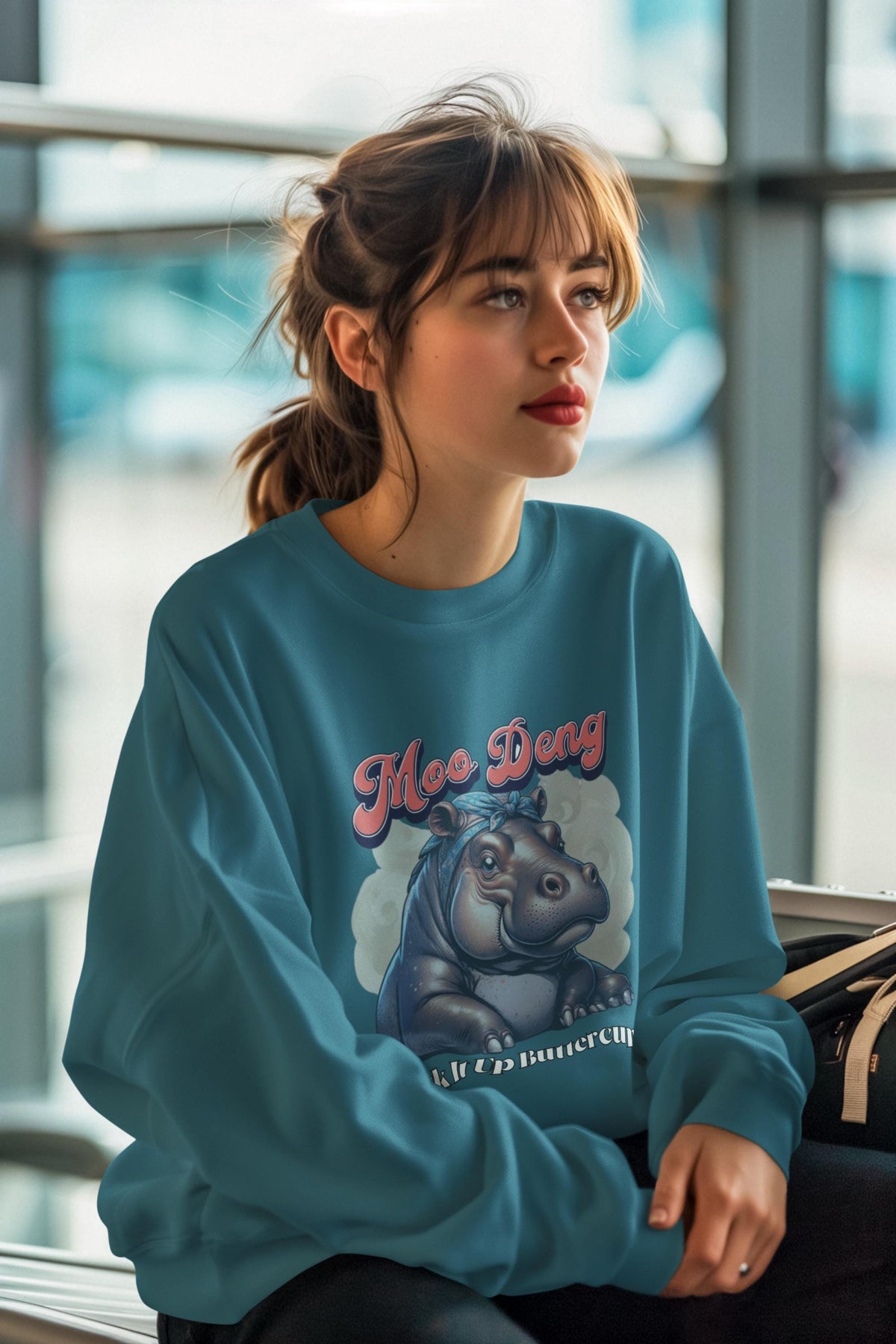 Trendy Moo Deng Sweatshirt - Unique Hippo Graphic - Casual Street Style