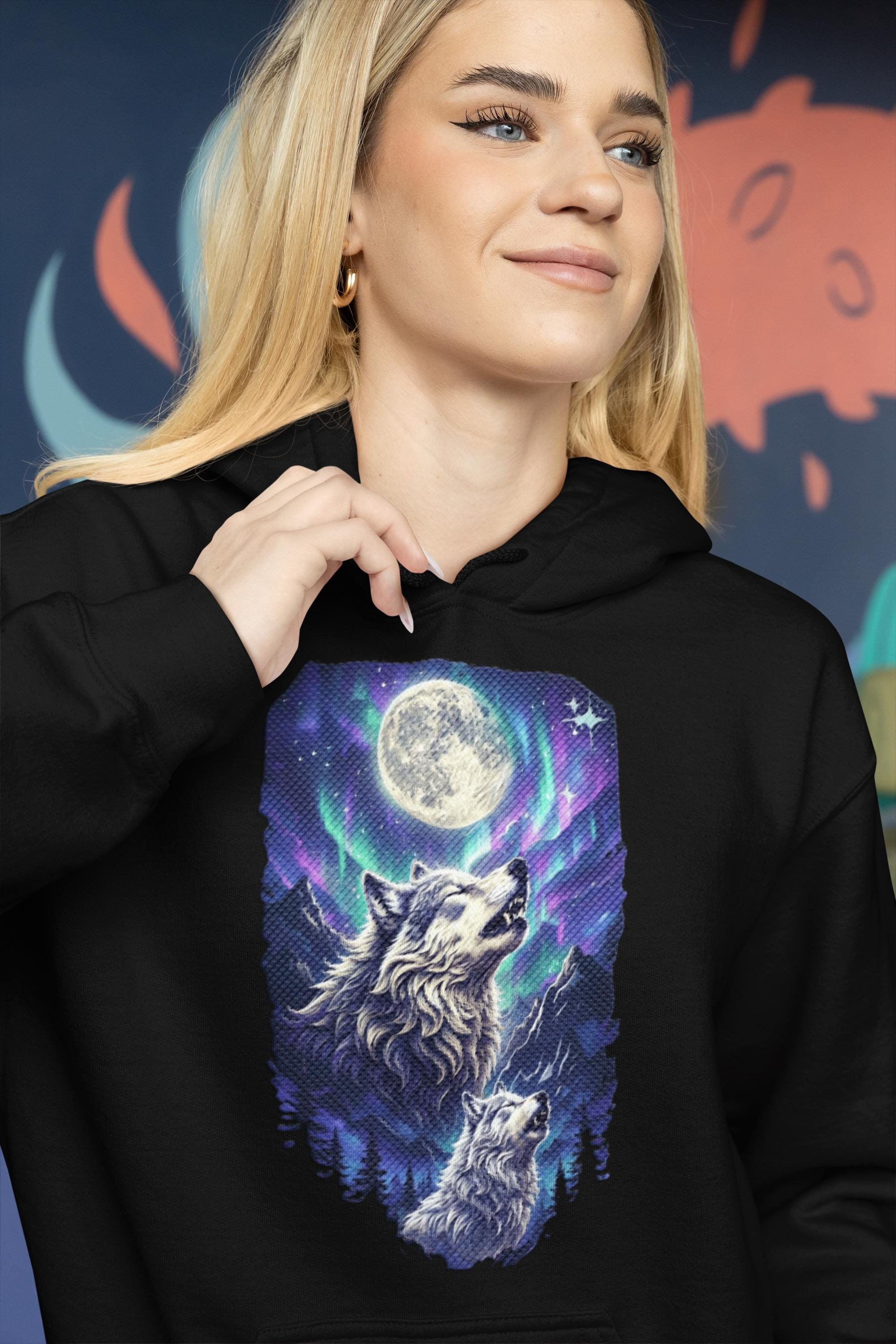 Northern Lights Wolf Hoodie Wolf Lover Sweater