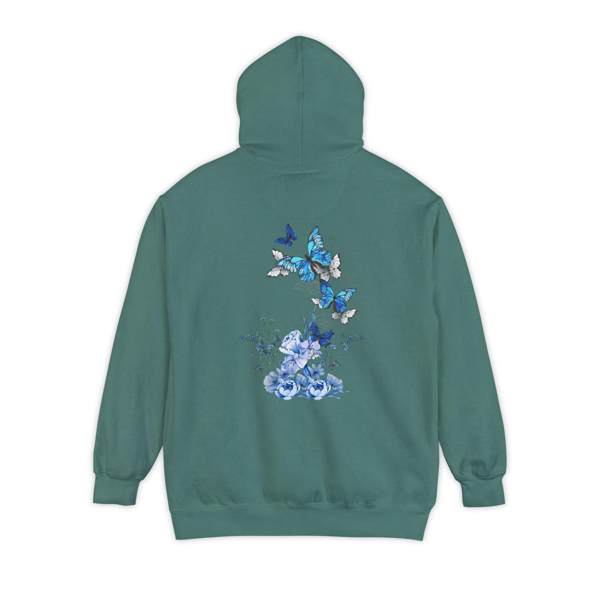 Navy Blue Butterfly Wildflower Hoodie - Aesthetic Flower Design - Cozy and Stylish - Perfect for Nature Lovers