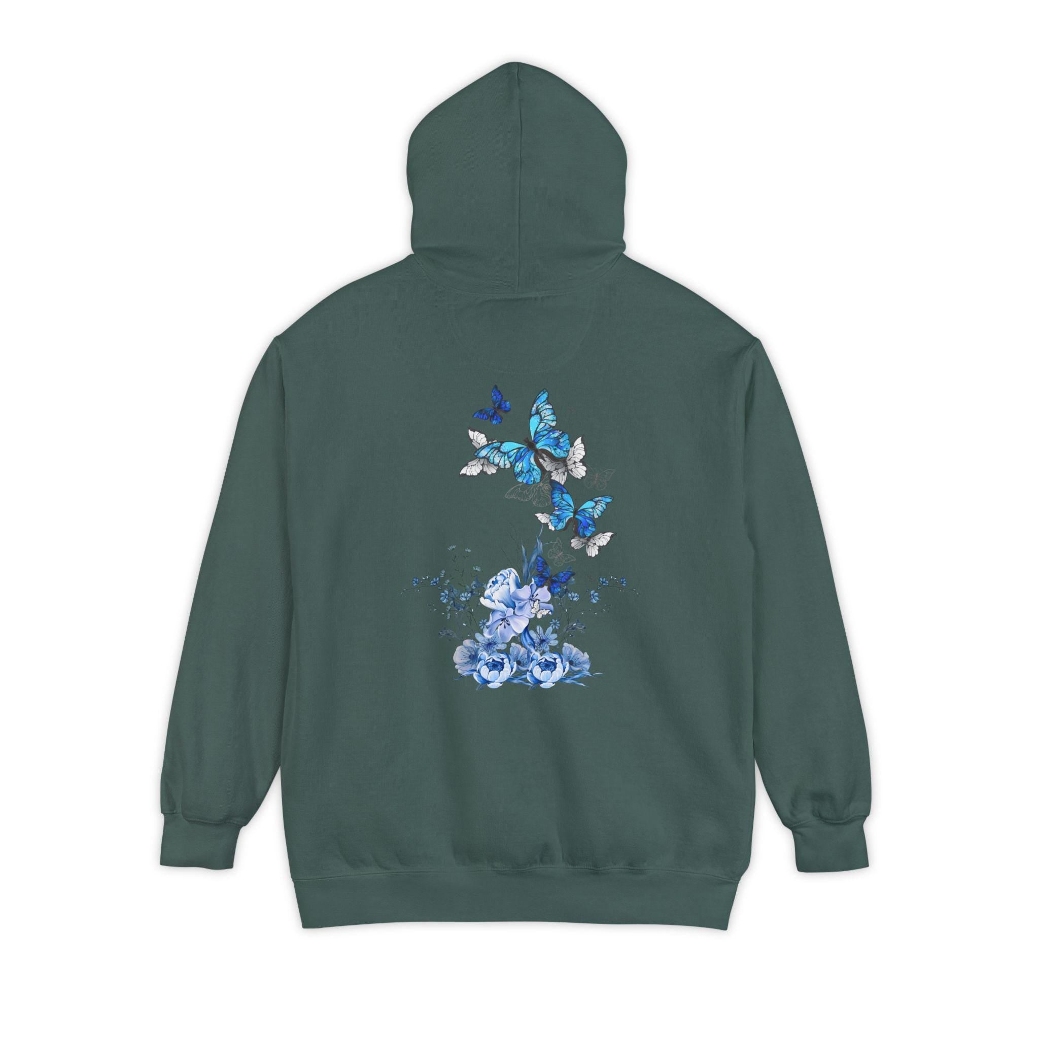 Navy Blue Butterfly Wildflower Hoodie - Aesthetic Flower Design - Cozy and Stylish - Perfect for Nature Lovers