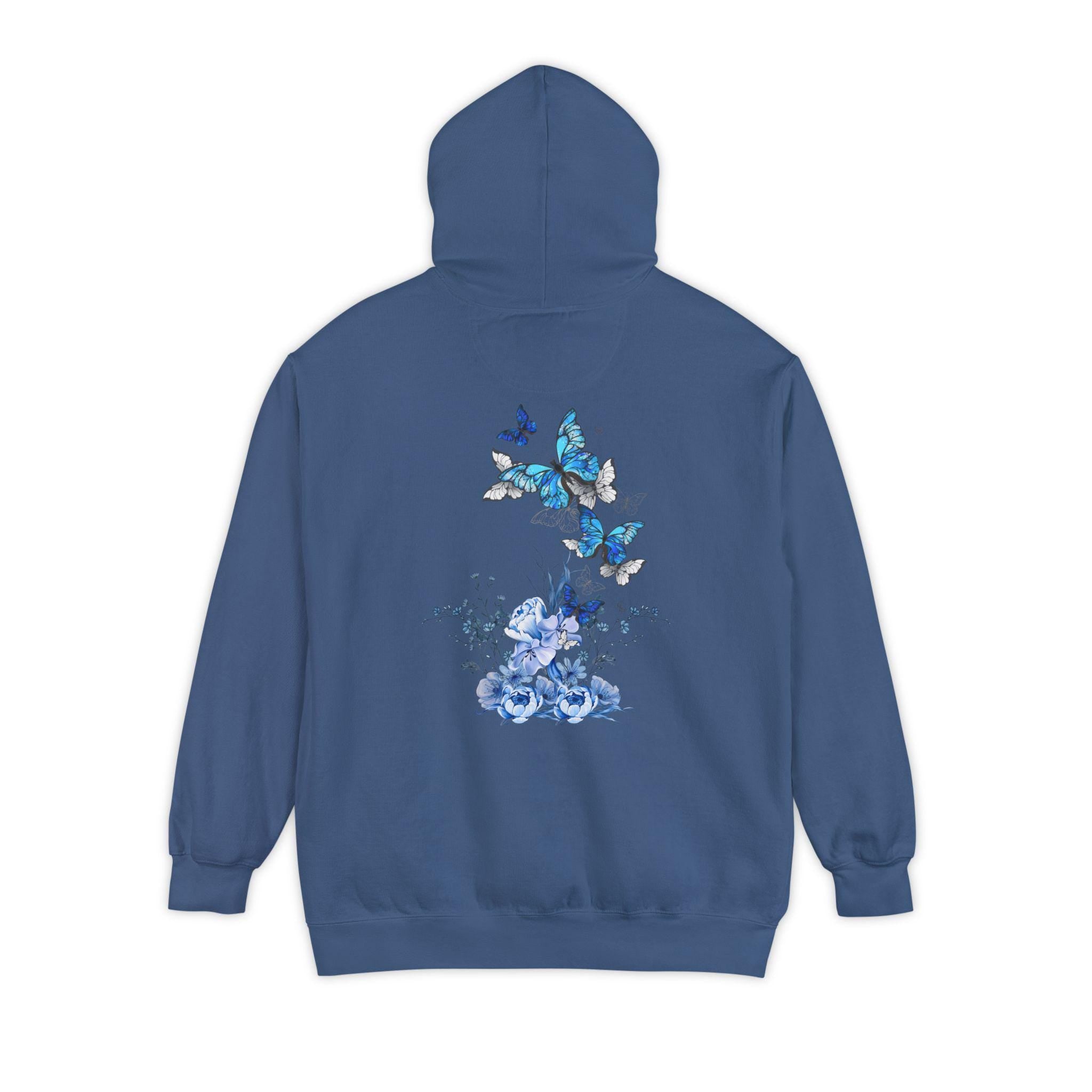 Navy Blue Butterfly Wildflower Hoodie - Aesthetic Flower Design - Cozy and Stylish - Perfect for Nature Lovers