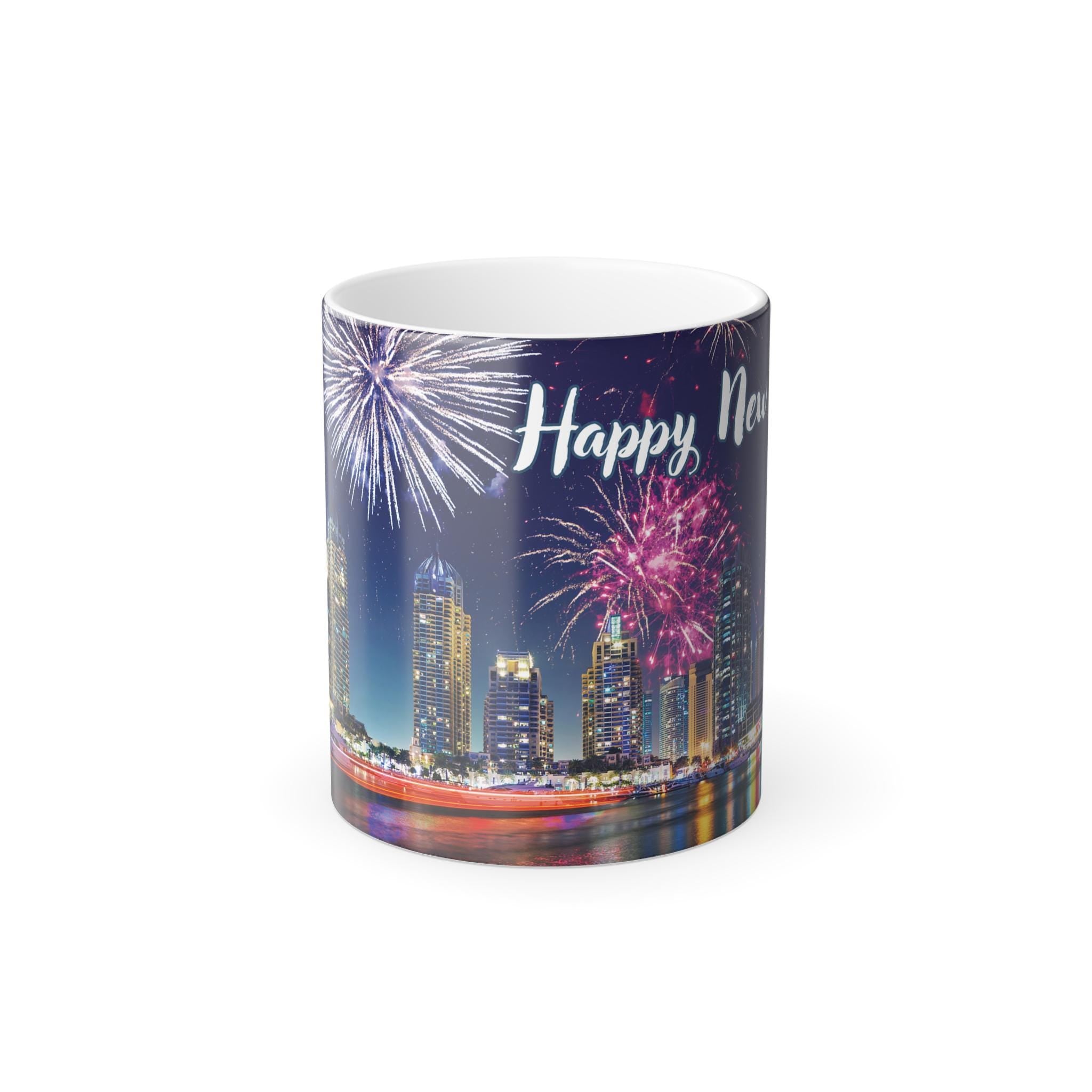 Fireworks Color Morphing Mug, Happy New Year Coffee Cup, Personalized Gift, Holiday Kitchenware, Unique Party Favors