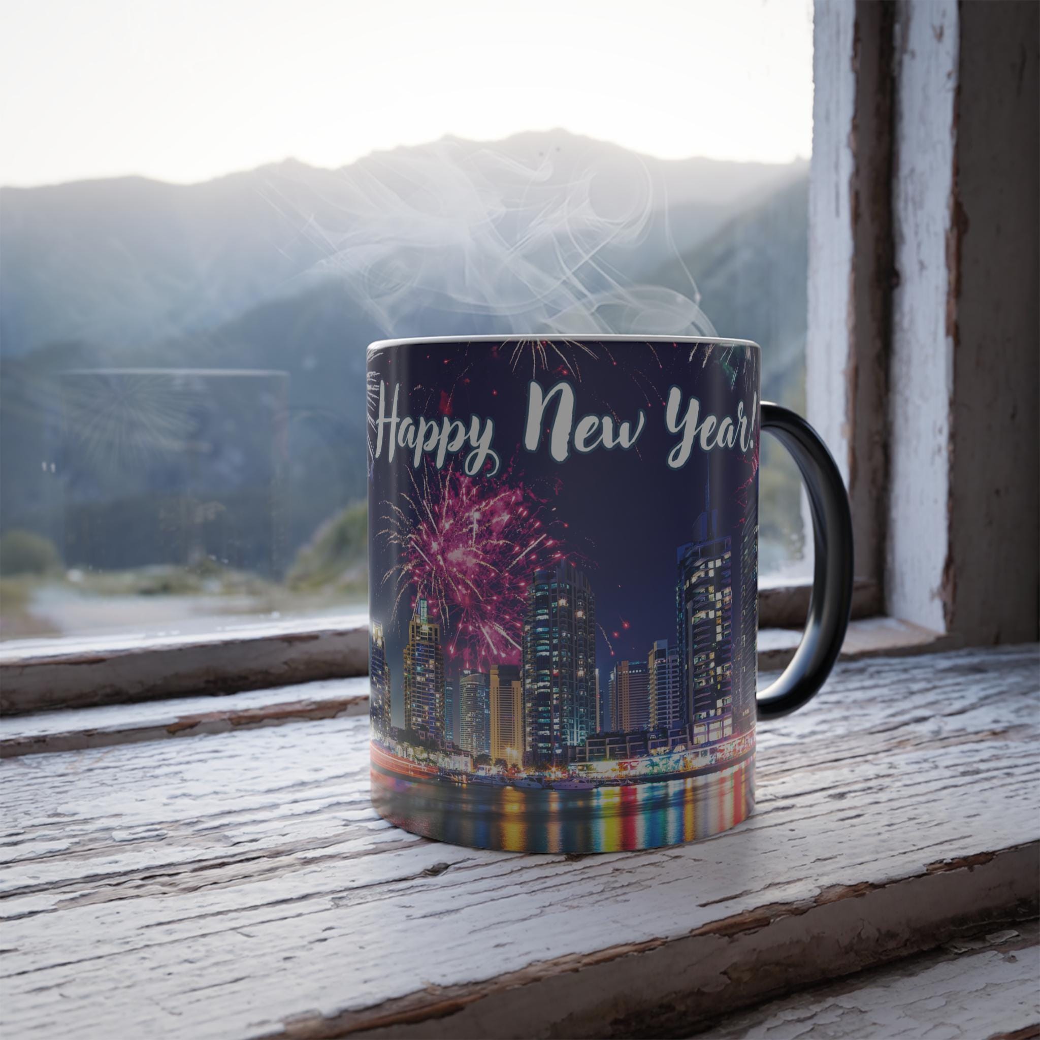 Fireworks Color Morphing Mug, Happy New Year Coffee Cup, Personalized Gift, Holiday Kitchenware, Unique Party Favors