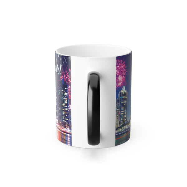 Fireworks Color Morphing Mug, Happy New Year Coffee Cup, Personalized Gift, Holiday Kitchenware, Unique Party Favors