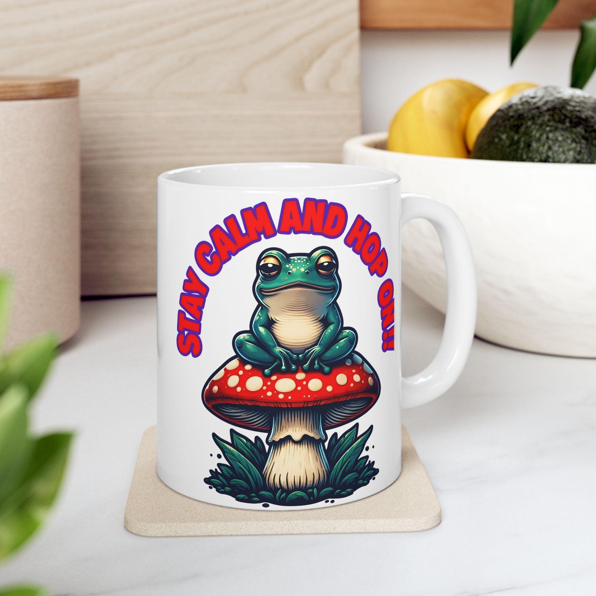 Funny Frog Ceramic Mug - Stay Calm and Hop On, Cute Gift for Caffeine Lovers