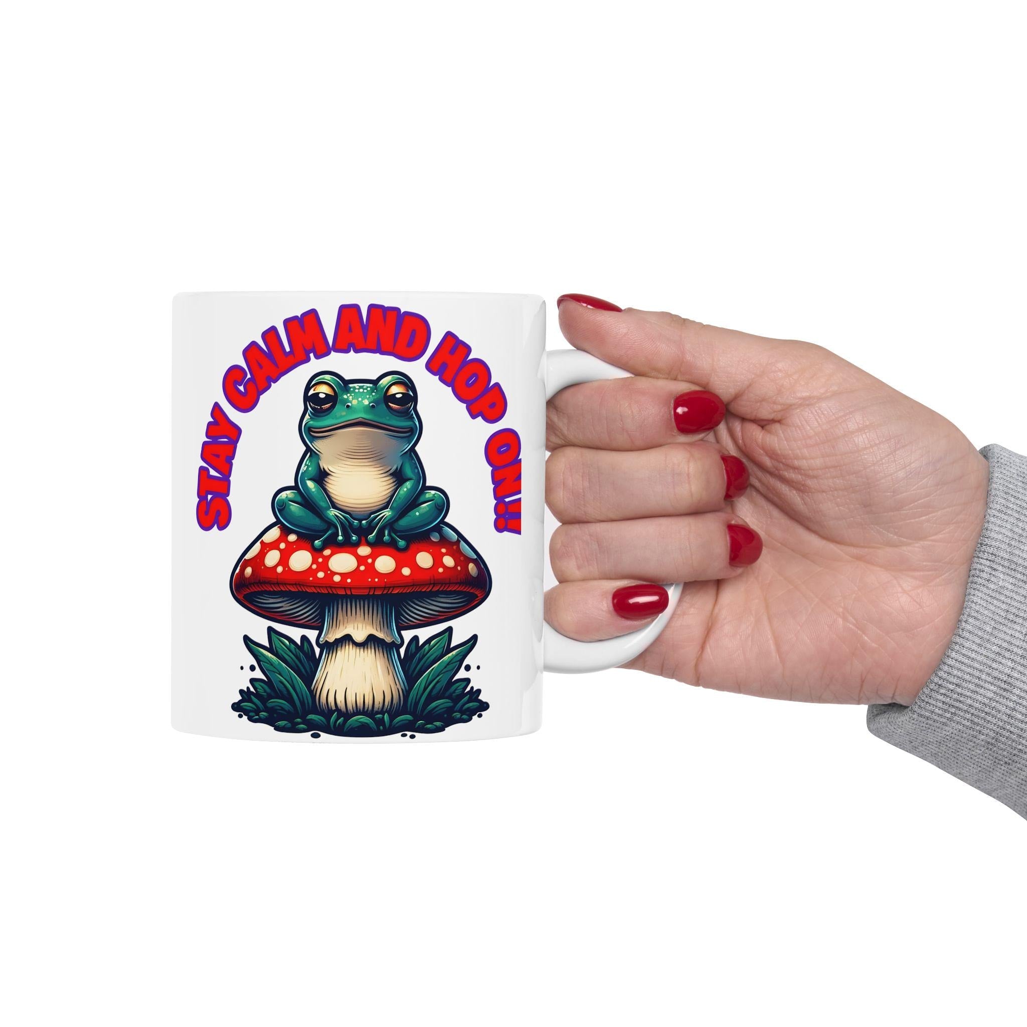 Funny Frog Ceramic Mug - Stay Calm and Hop On, Cute Gift for Caffeine Lovers, Unique Coffee Cup for Nature Lovers, Great for Birthdays,
