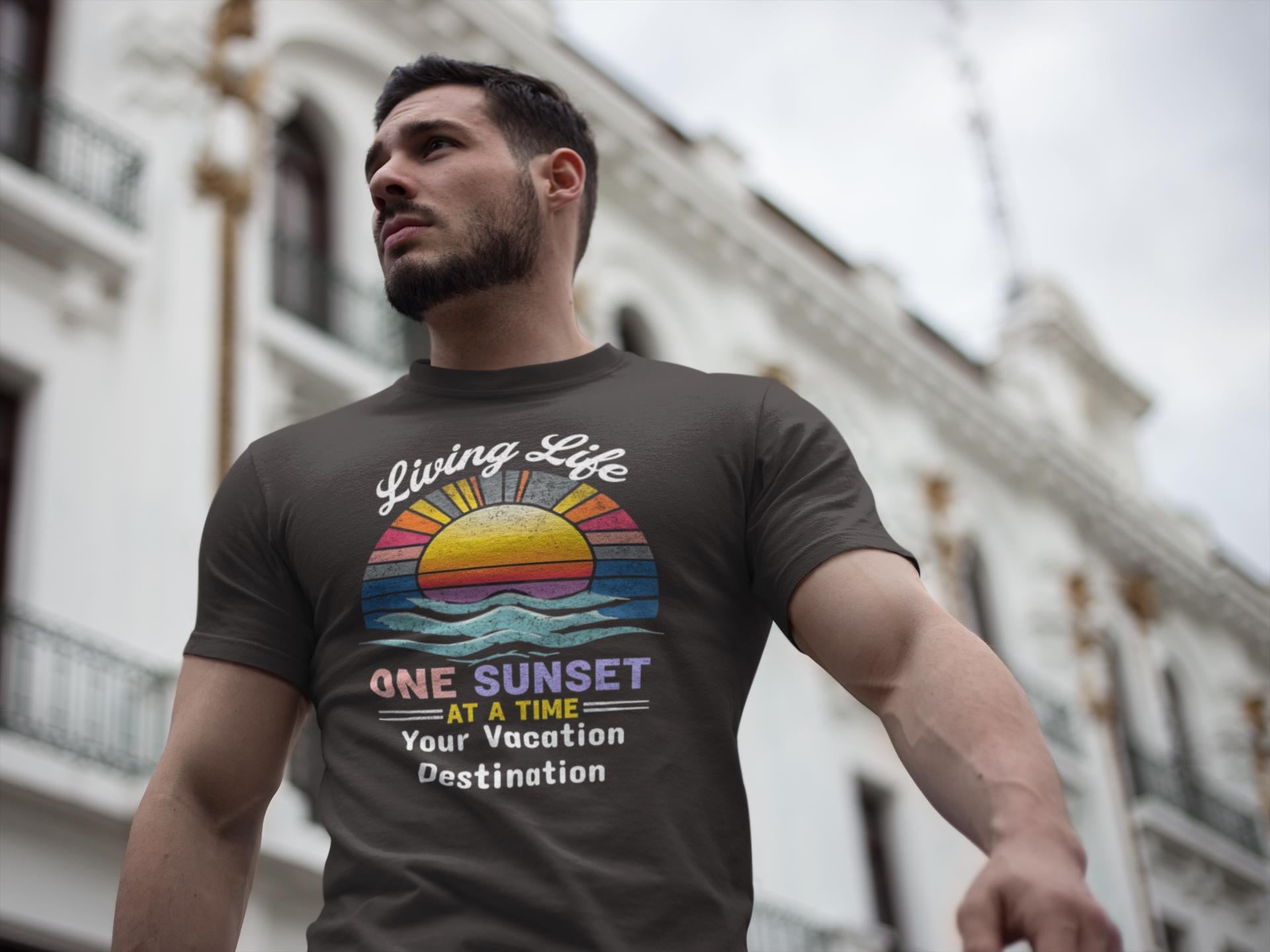 Living Life Sunset T-shirt, Vacation Wear, Beach Lover Gift, Sunset Chaser Tee, Unisex Apparel, Relaxed Style