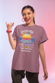 Living Life Sunset T-shirt, Vacation Wear, Beach Lover Gift, Sunset Chaser Tee, Unisex Apparel, Relaxed Style