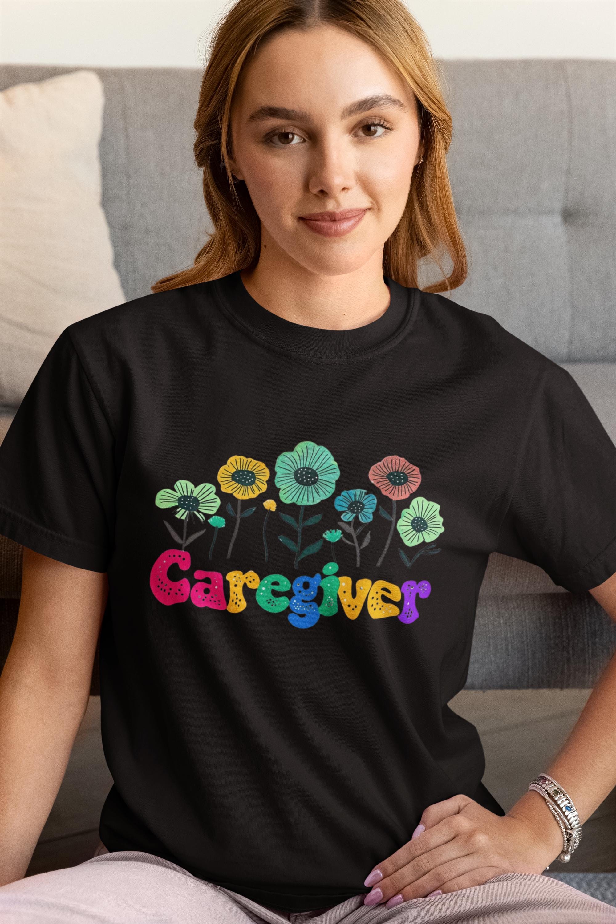 Caregiver Floral T-shirt, Gift for Caregivers, Unisex Tee, Garment-Dyed Shirt, Flower Lover Gift, Floral Print Top