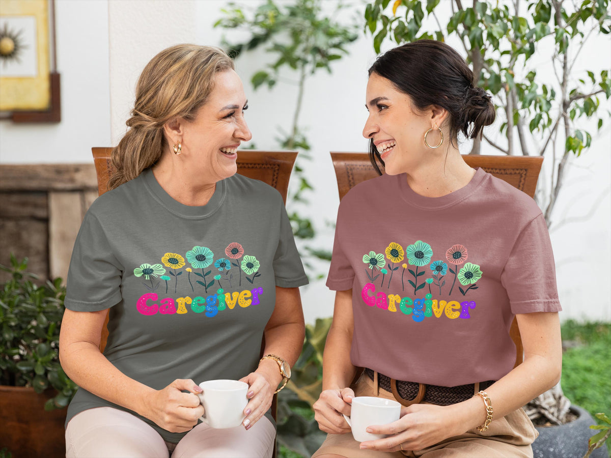 Caregiver Floral T-shirt, Gift for Caregivers, Unisex Tee, Garment-Dyed Shirt, Flower Lover Gift, Floral Print Top
