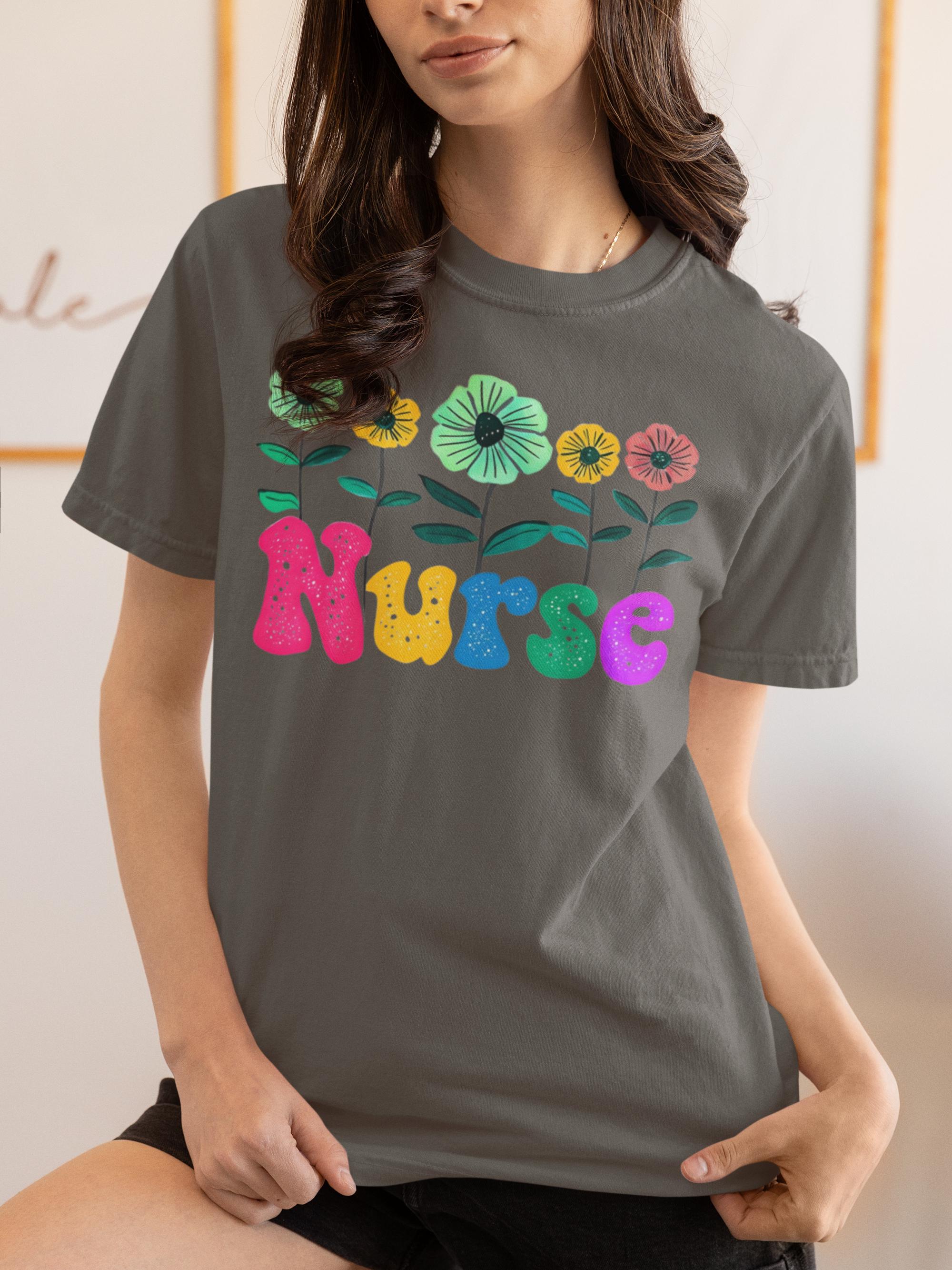 Colorful Floral Nurse T-shirt - Unisex Garment-Dyed Tee, Vibrant Flower Pattern Top, Healthcare Worker Gift, Medical Professional Apparel