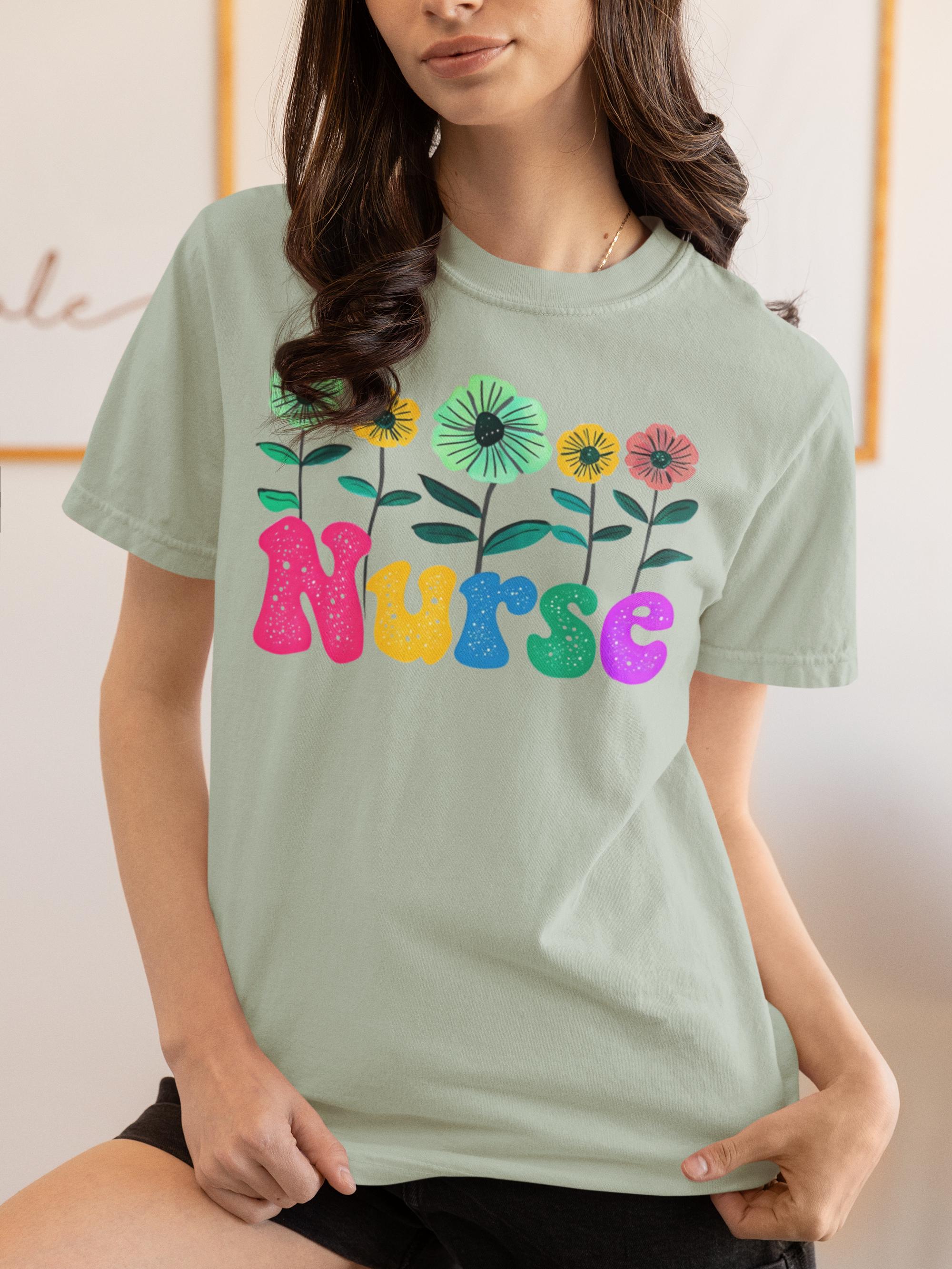 Colorful Floral Nurse T-shirt - Unisex Garment-Dyed Tee, Vibrant Flower Pattern Top, Healthcare Worker Gift, Medical Professional Apparel