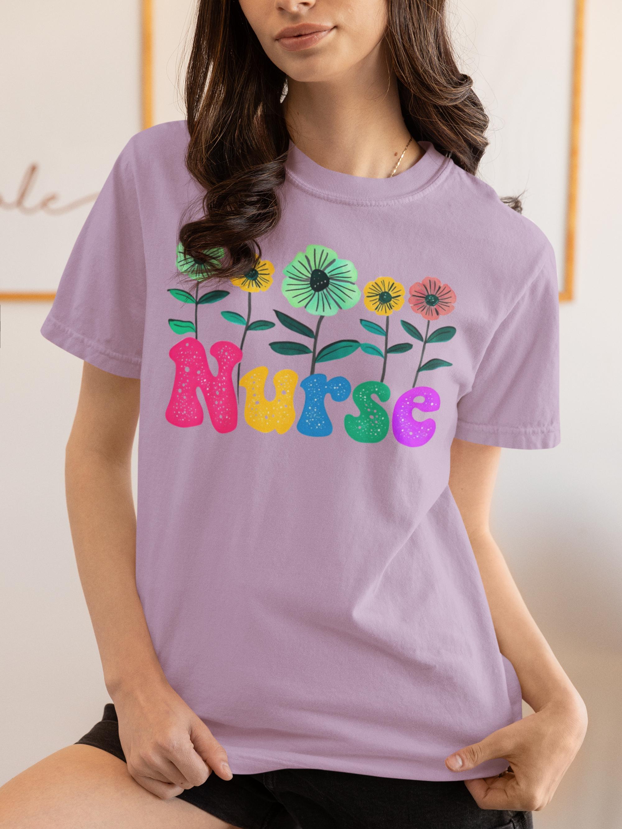 Colorful Floral Nurse T-shirt - Unisex Garment-Dyed Tee, Vibrant Flower Pattern Top, Healthcare Worker Gift, Medical Professional Apparel