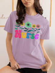 Colorful Floral Nurse T-shirt - Unisex Garment-Dyed Tee, Vibrant Flower Pattern Top, Healthcare Worker Gift, Medical Professional Apparel