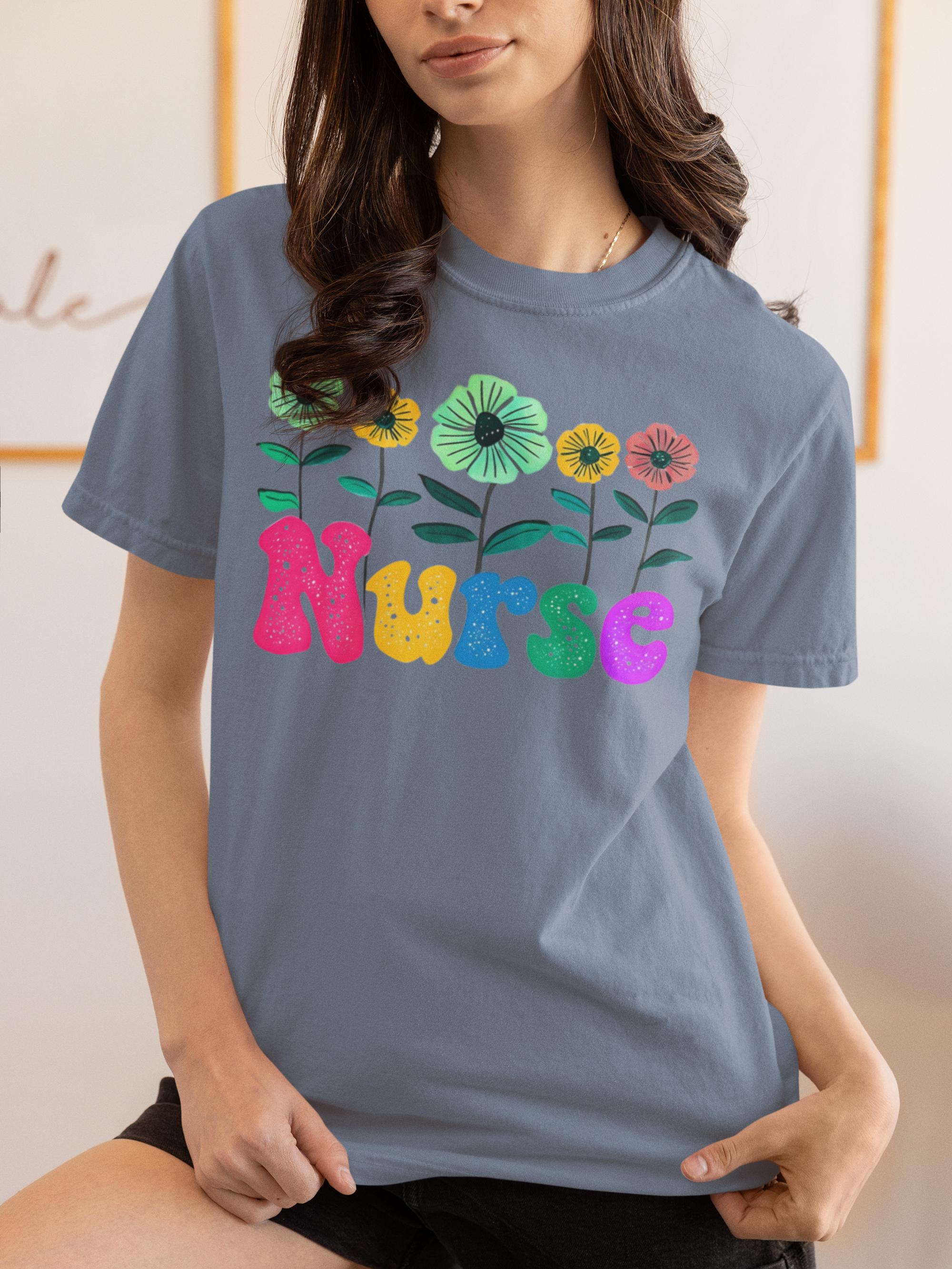 Colorful Floral Nurse T-shirt - Unisex Garment-Dyed Tee, Vibrant Flower Pattern Top, Healthcare Worker Gift, Medical Professional Apparel