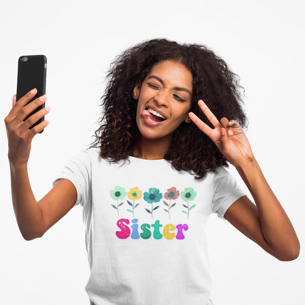 Sister Flower Graphic Tee, Floral Print Shirt, Unisex T-shirt, Vintage Style Top, Botanical Blossom Tee, Gift for Sister