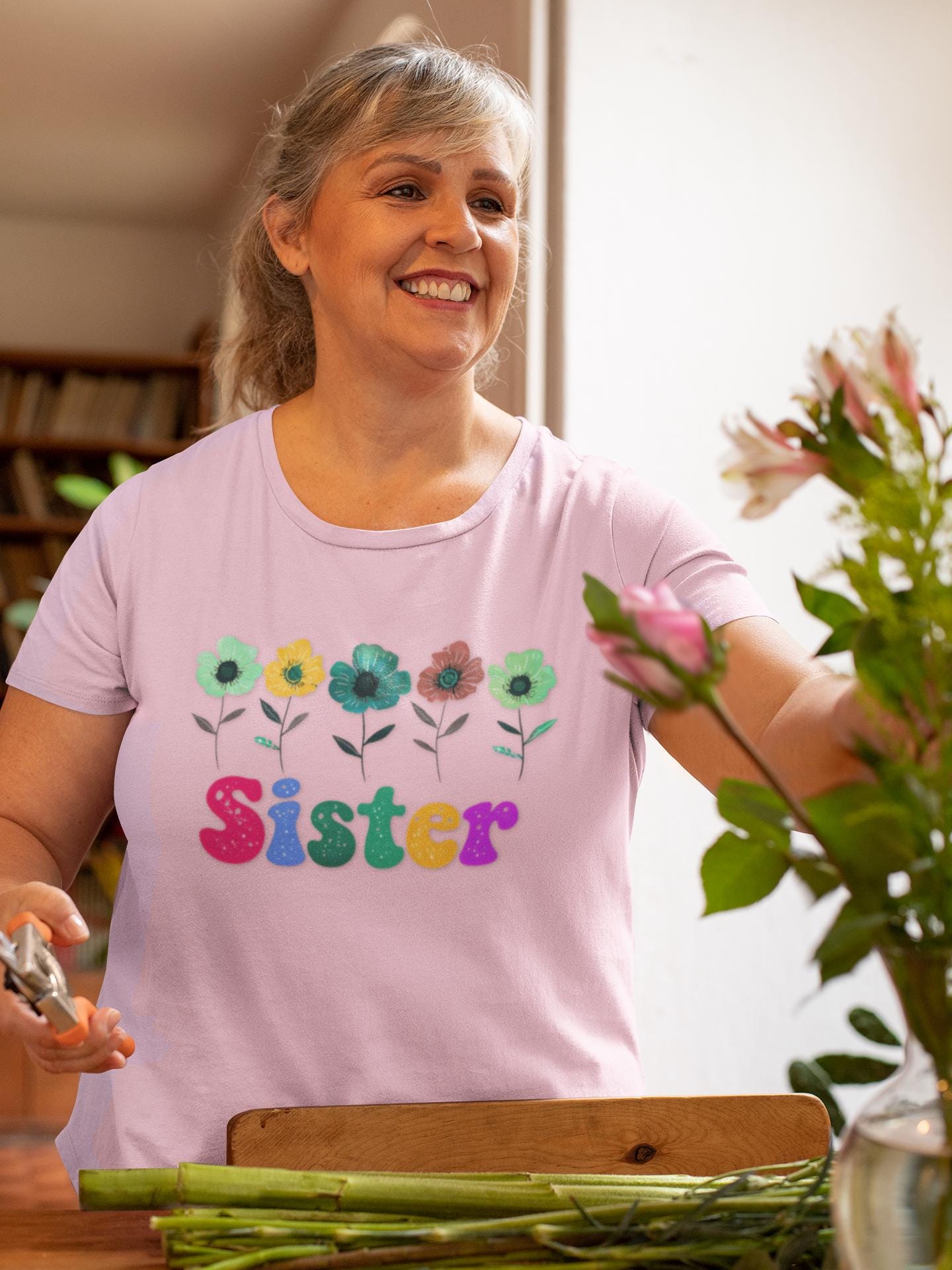 Sister Flower Graphic Tee, Floral Print Shirt, Unisex T-shirt, Vintage Style Top, Botanical Blossom Tee, Gift for Sister