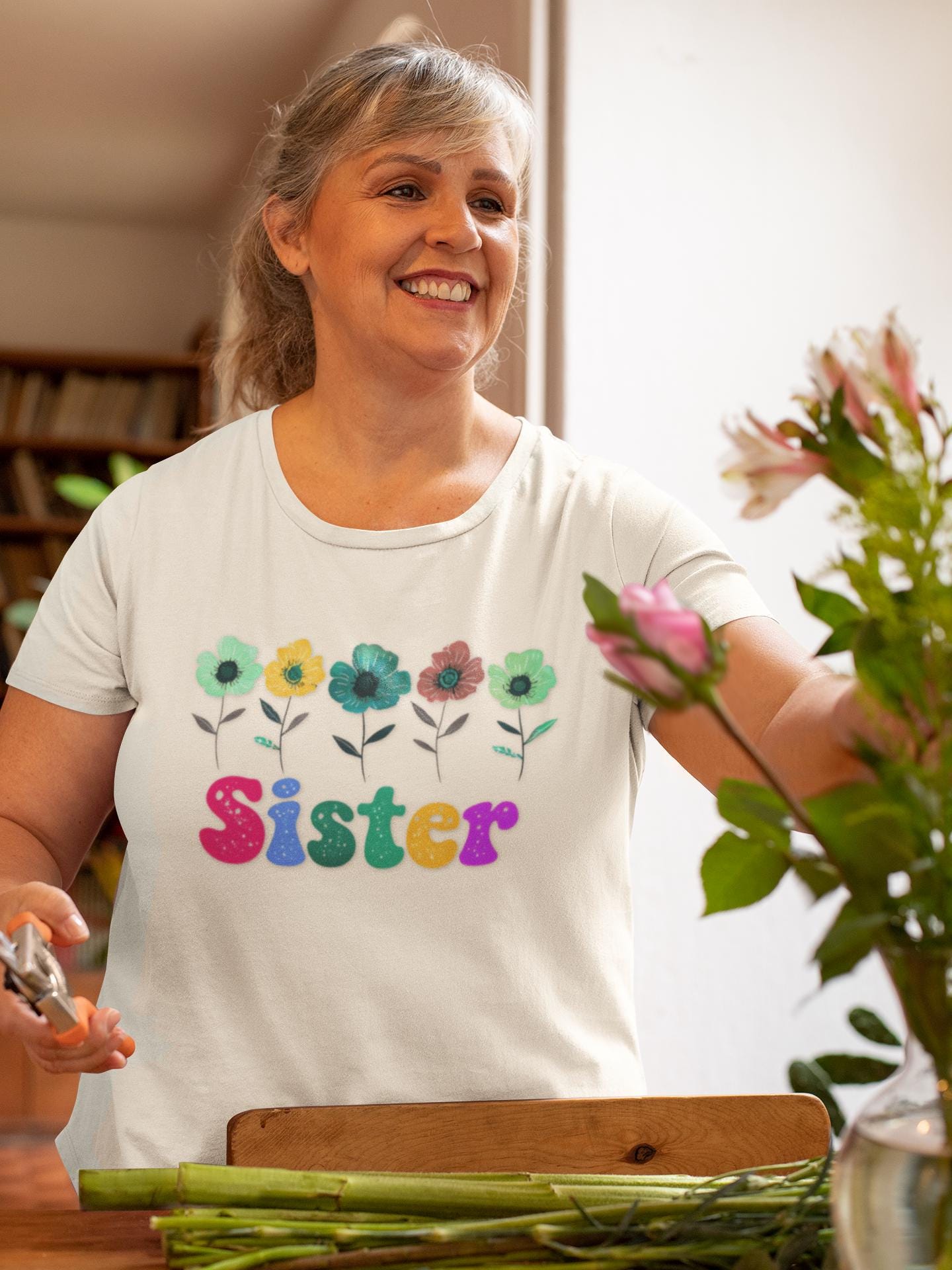 Sister Flower Graphic Tee, Floral Print Shirt, Unisex T-shirt, Vintage Style Top, Botanical Blossom Tee, Gift for Sister