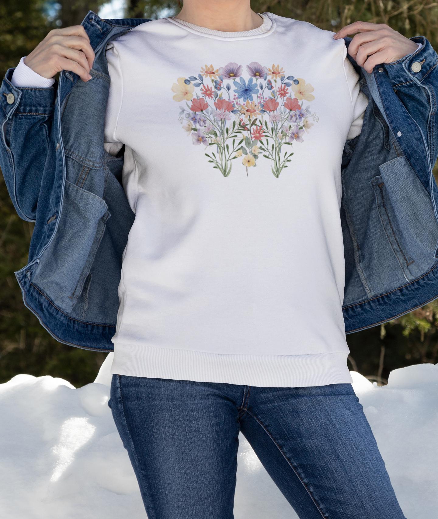 Floral Sweatshirt for Women - Cute Cottagecore Wildflower Crewneck - Unique Gift for Her - Fall Winter Clothing