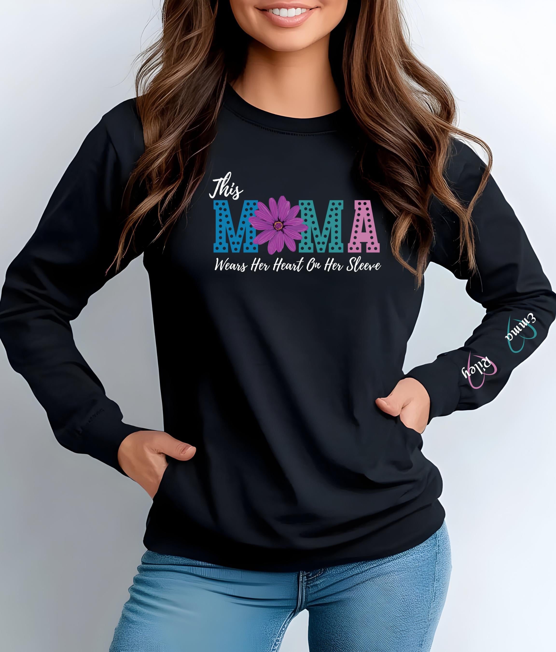 Mama Heart On Sleeve Long Sleeve T-Shirt, Gift for Moms, Mother's Day, Personalized Tee, Custom Mama TShirt