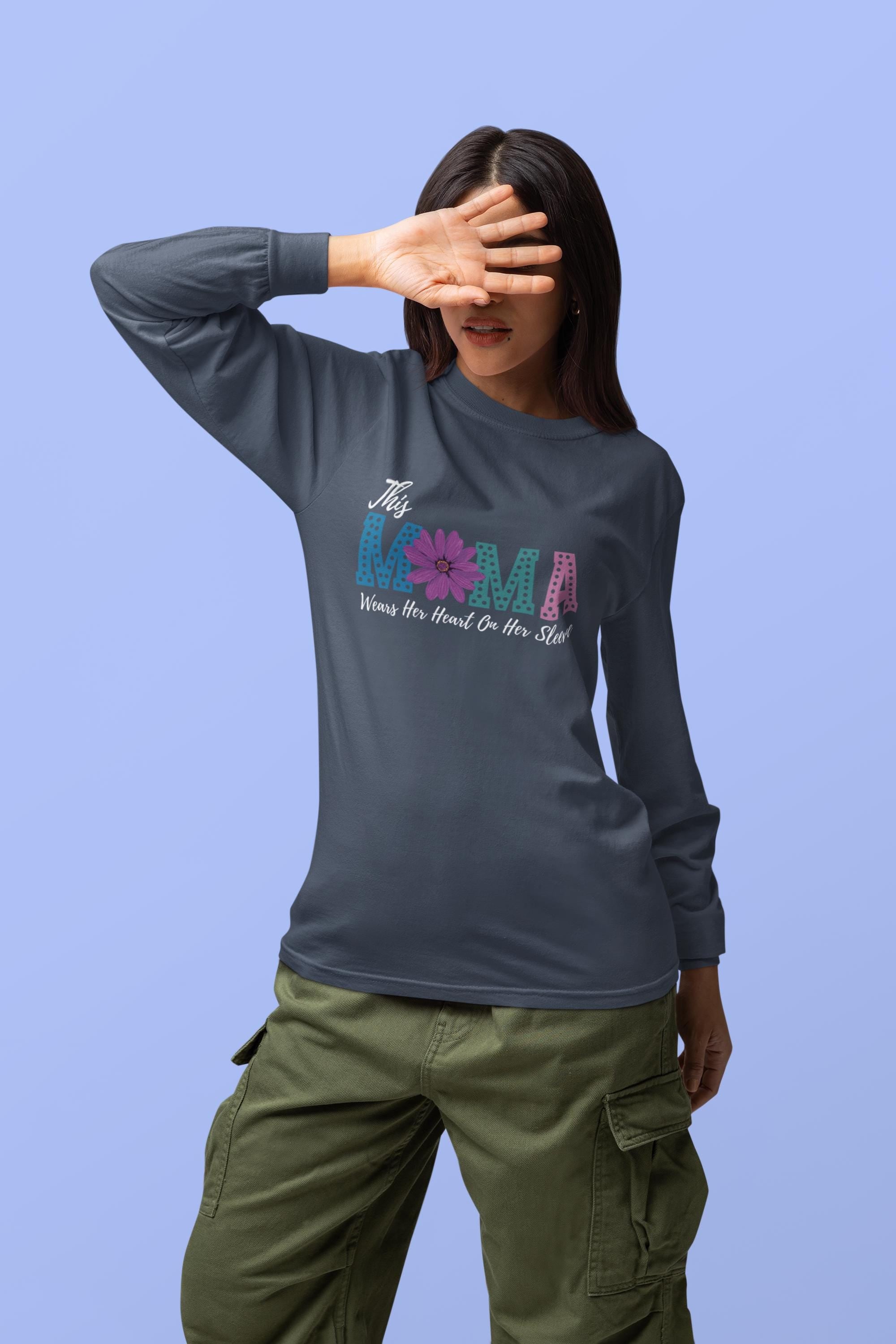 Mama Heart On Sleeve Long Sleeve T-Shirt, Gift for Moms, Mother's Day, Personalized Tee, Custom Mama TShirt