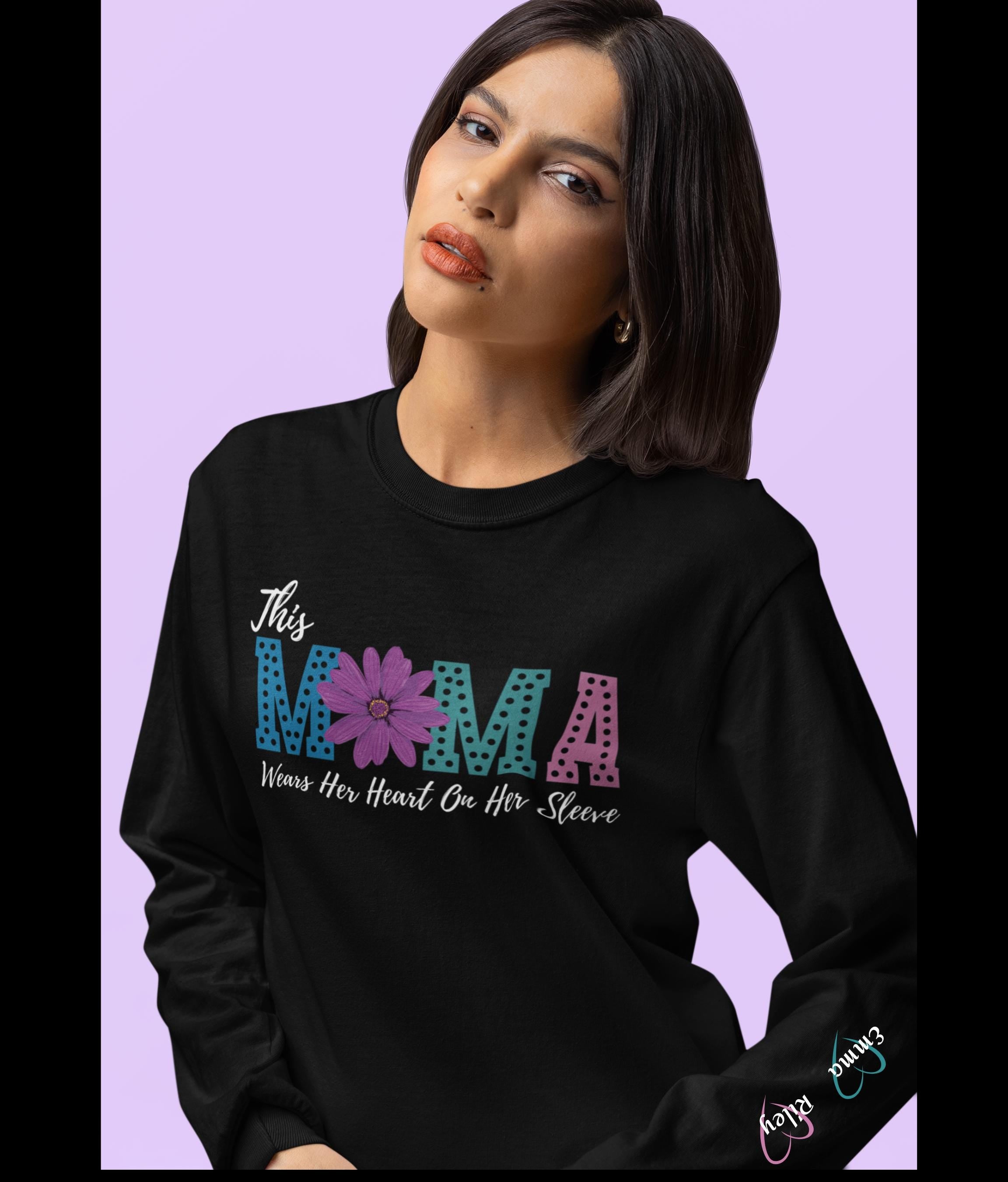 Mama Heart On Sleeve Long Sleeve T-Shirt, Gift for Moms, Mother's Day, Personalized Tee, Custom Mama TShirt