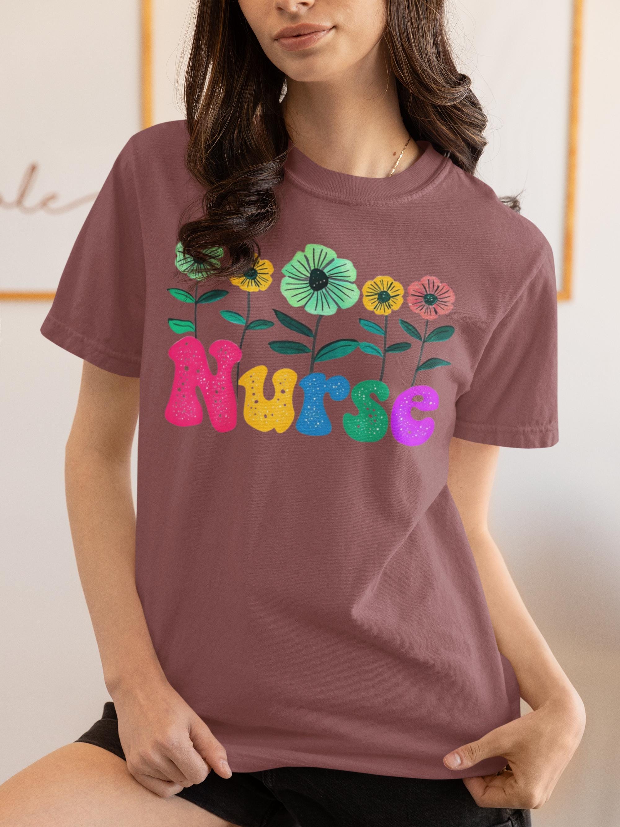 Colorful Floral Nurse T-shirt - Unisex Garment-Dyed Tee, Vibrant Flower Pattern Top, Healthcare Worker Gift, Medical Professional Apparel