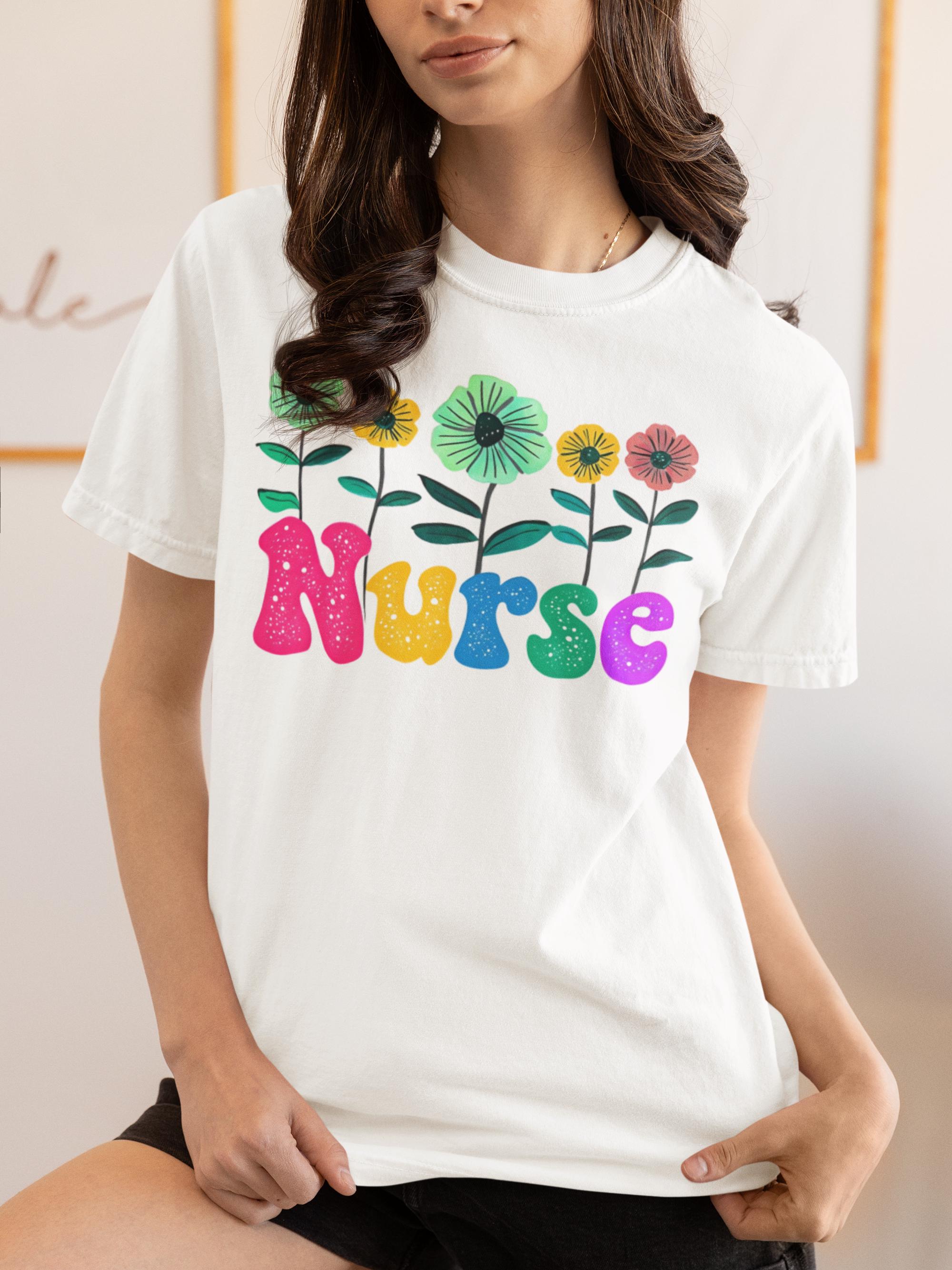 Colorful Floral Nurse T-shirt - Unisex Garment-Dyed Tee, Vibrant Flower Pattern Top, Healthcare Worker Gift, Medical Professional Apparel