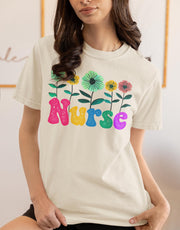 Colorful Floral Nurse T-shirt - Unisex Garment-Dyed Tee, Vibrant Flower Pattern Top, Healthcare Worker Gift, Medical Professional Apparel
